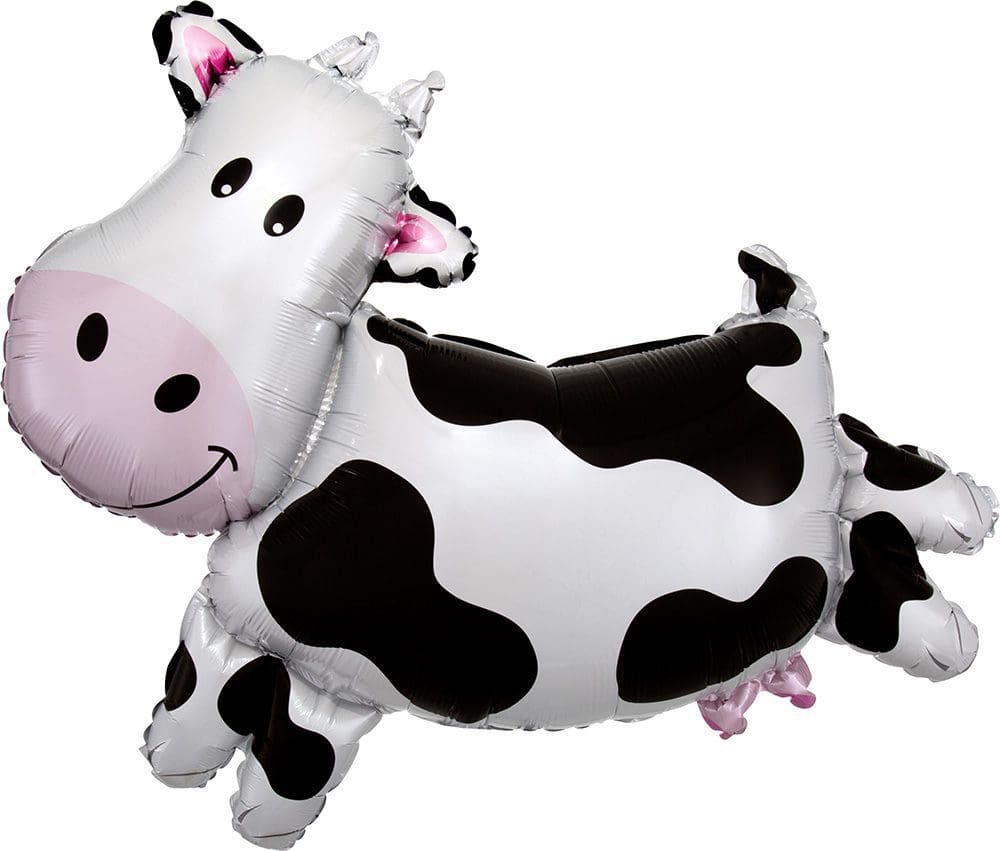 A black and white cow-shaped balloon with a cute face.
