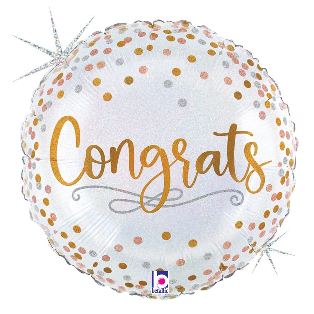 A white balloon with gold polka dots and 'Congrats' in gold lettering.