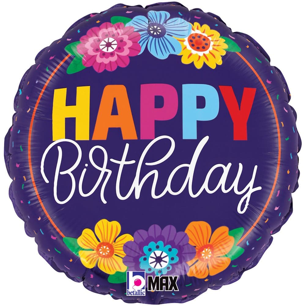 Colorful Happy Birthday balloon with floral decorations.