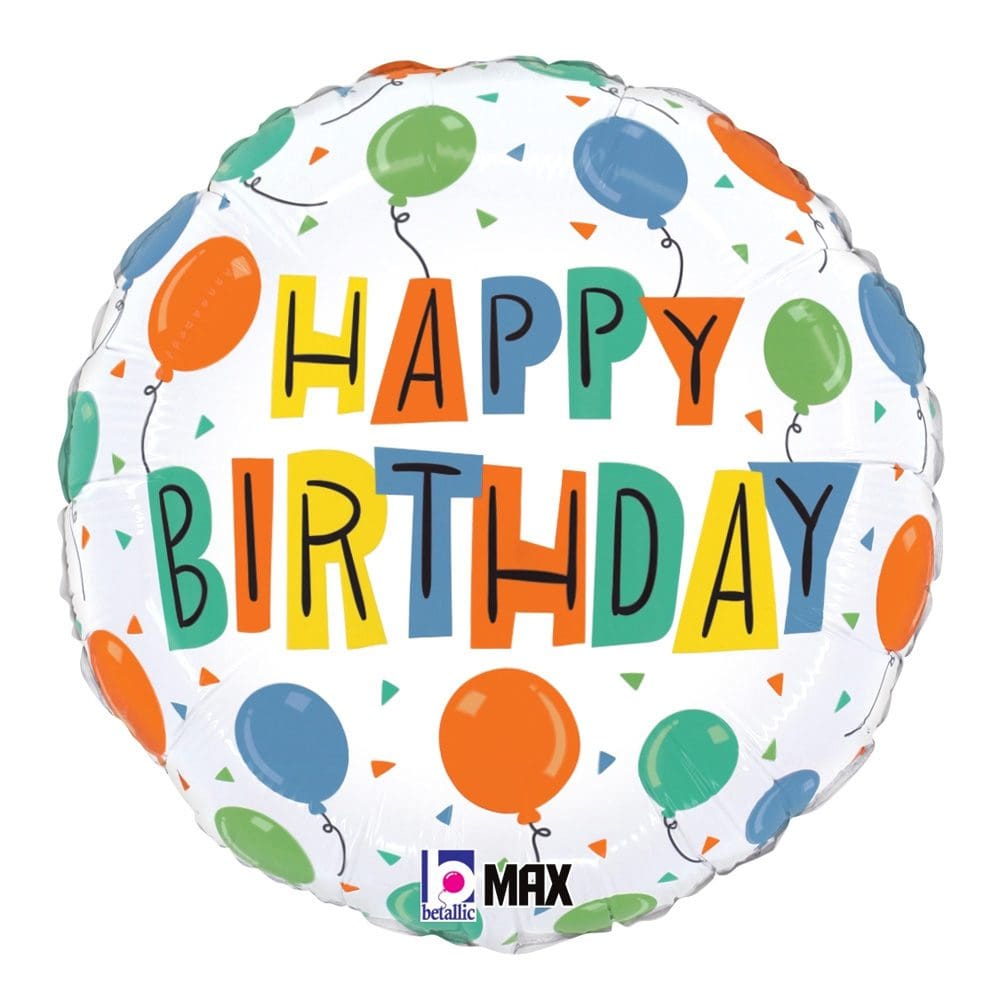 Colorful "Happy Birthday" balloon with balloons and confetti design.