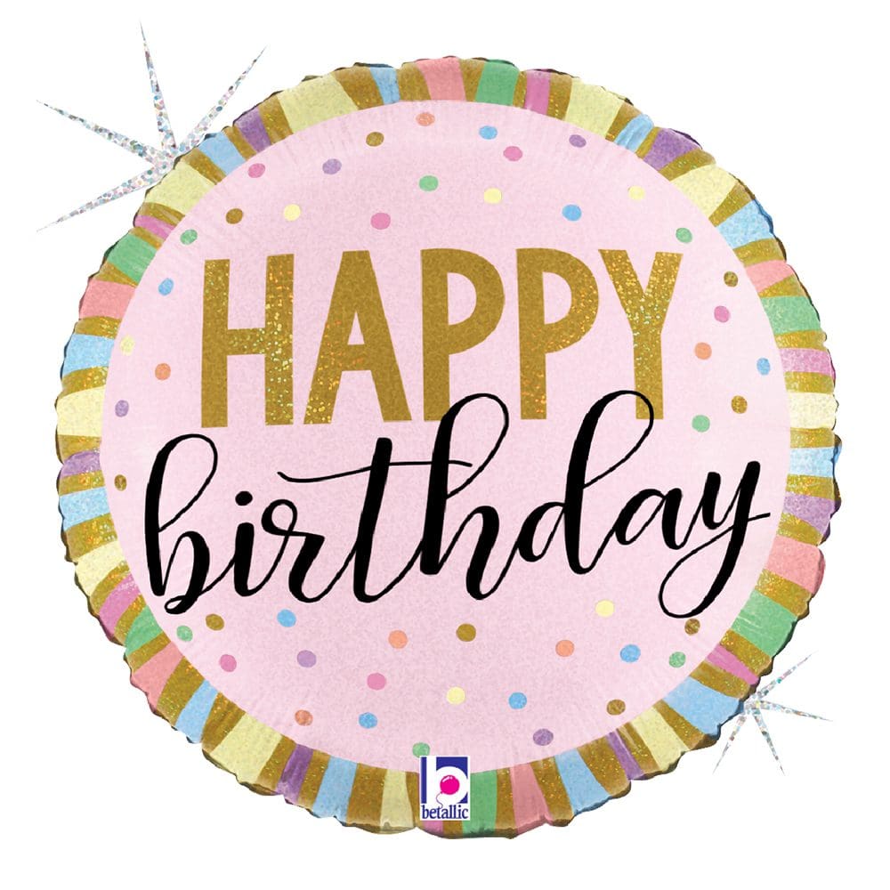 Colorful round balloon with 'Happy Birthday' text.