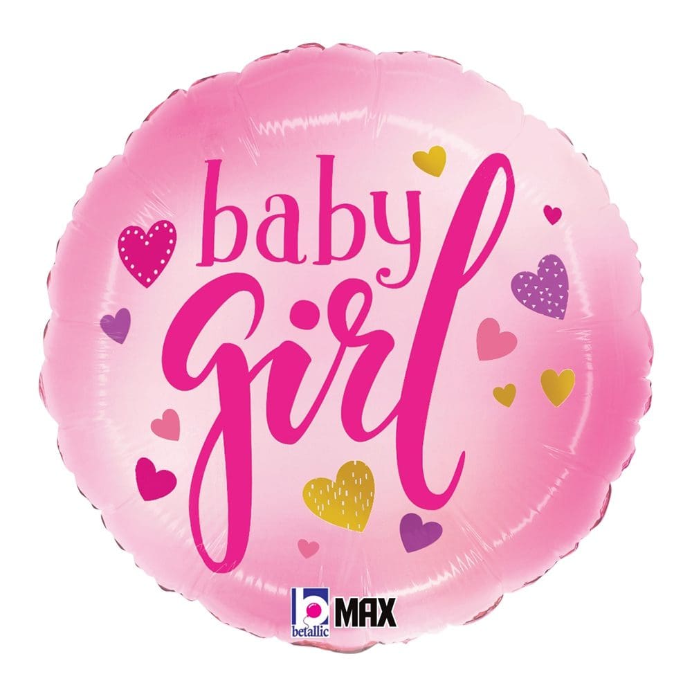 A pink balloon with 'baby girl' and heart designs.