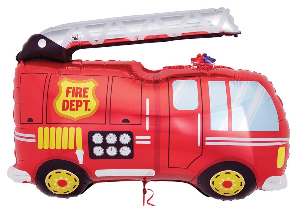 A red fire truck toy with open ladder and fire department label.