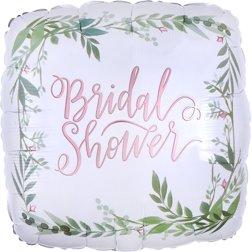 A decorative bridal shower balloon with floral designs and elegant pink text.