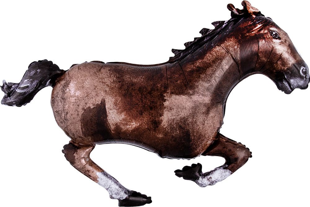 A brown horse galloping with its mane flowing.