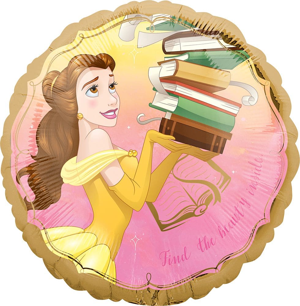 Belle from Beauty and the Beast holding a stack of books with a rose.