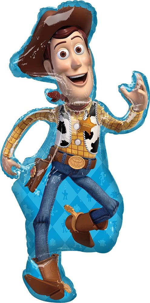 Inflatable Woody toy from Toy Story with a joyful expression.