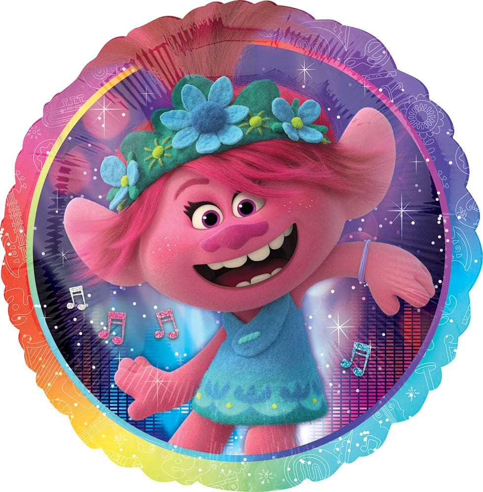 Colorful party balloon featuring a cheerful troll character with a flower crown.
