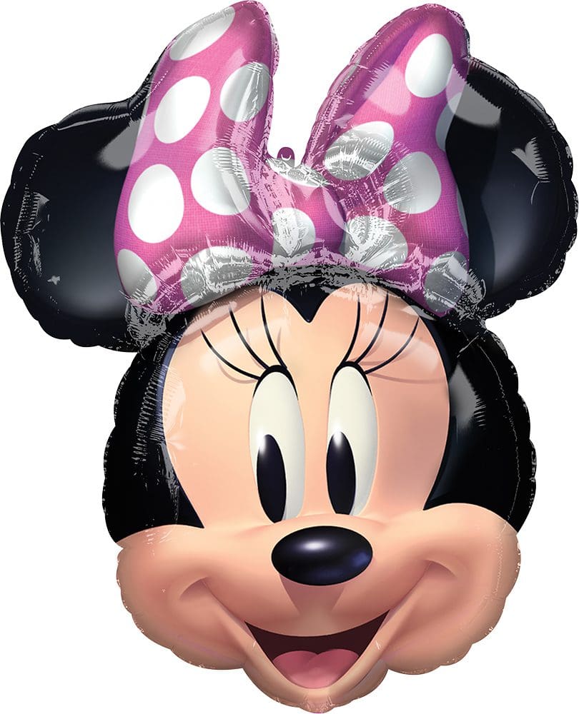 Close-up of Minnie Mouse wearing a pink polka-dot bow.