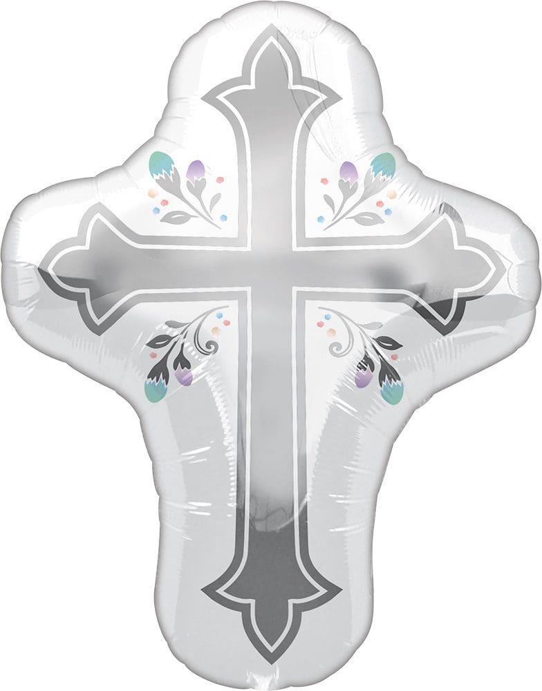 Silver cross-shaped balloon with floral designs.