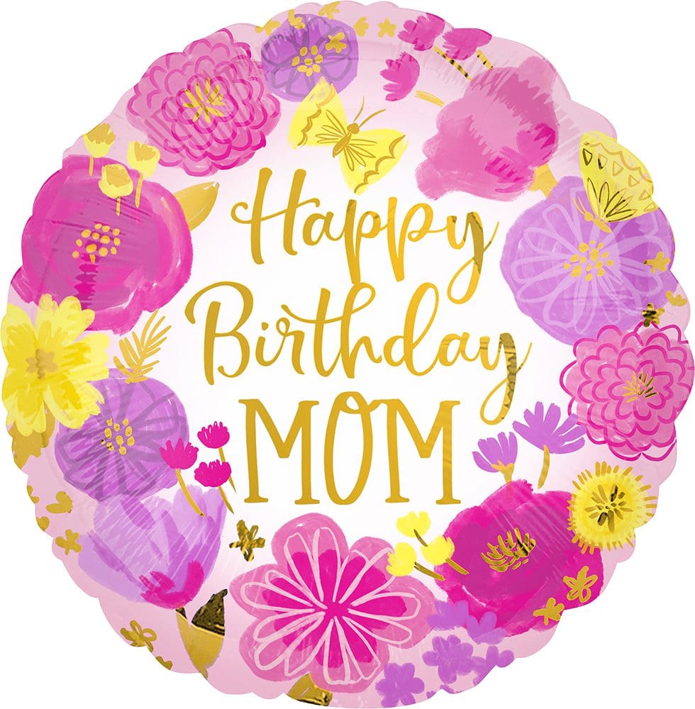 Colorful floral birthday balloon saying Happy Birthday Mom.