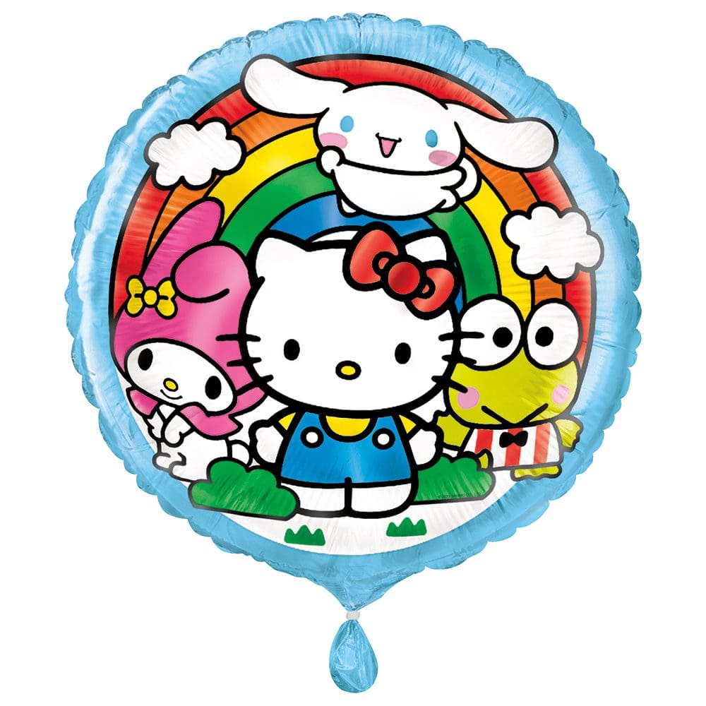 Hello Kitty and friends under a rainbow on a balloon.
