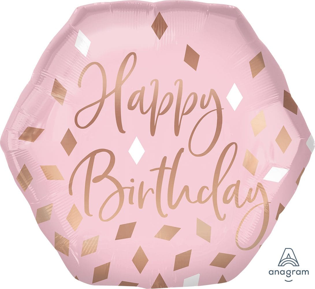 A pink balloon with gold diamond patterns and 'Happy Birthday' text.