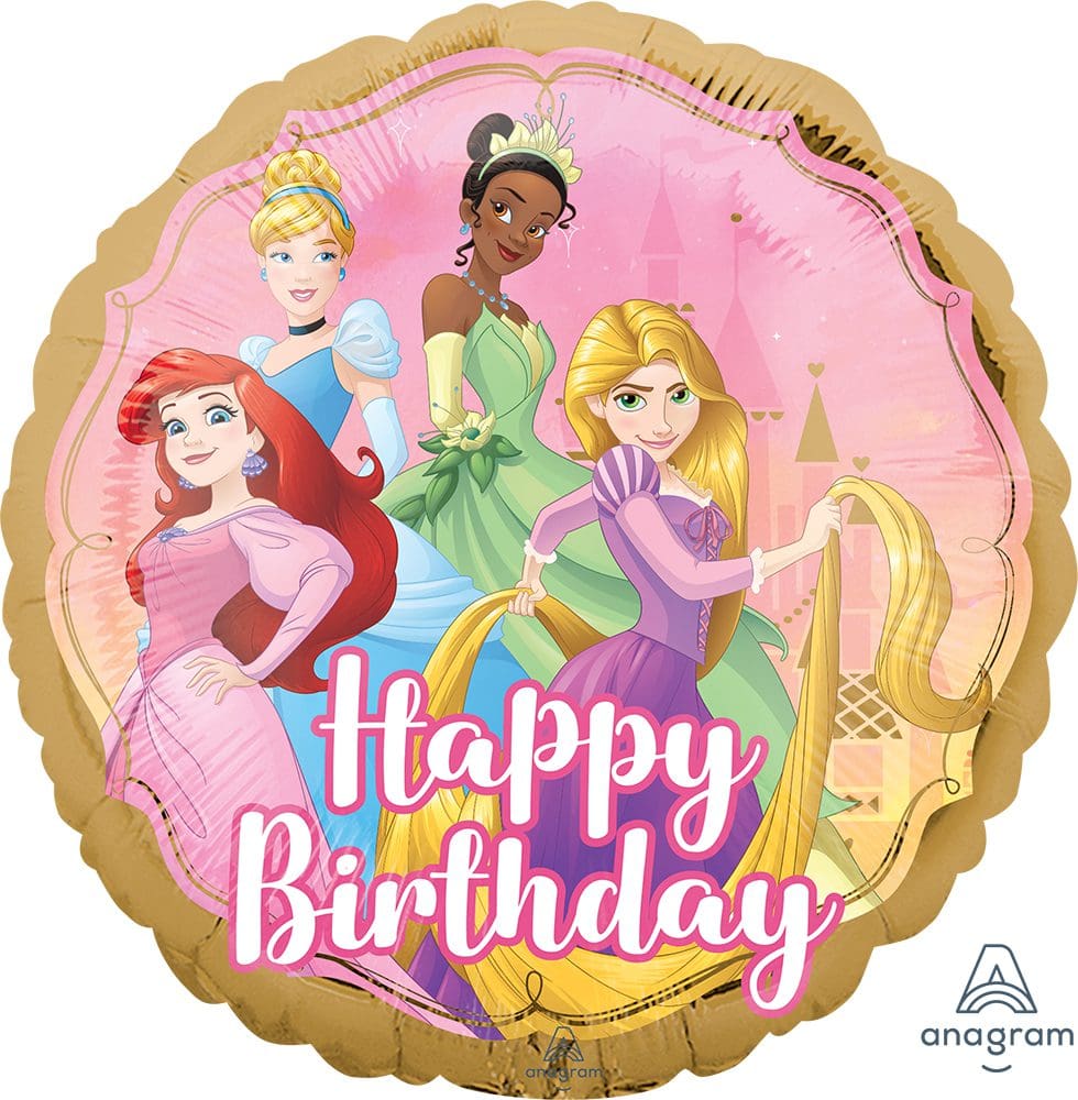 Birthday card with four Disney princesses and 'Happy Birthday' text.