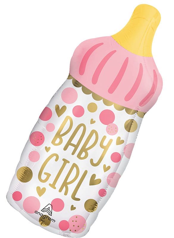 A pink baby bottle labeled 'Baby Girl' with hearts and dots.