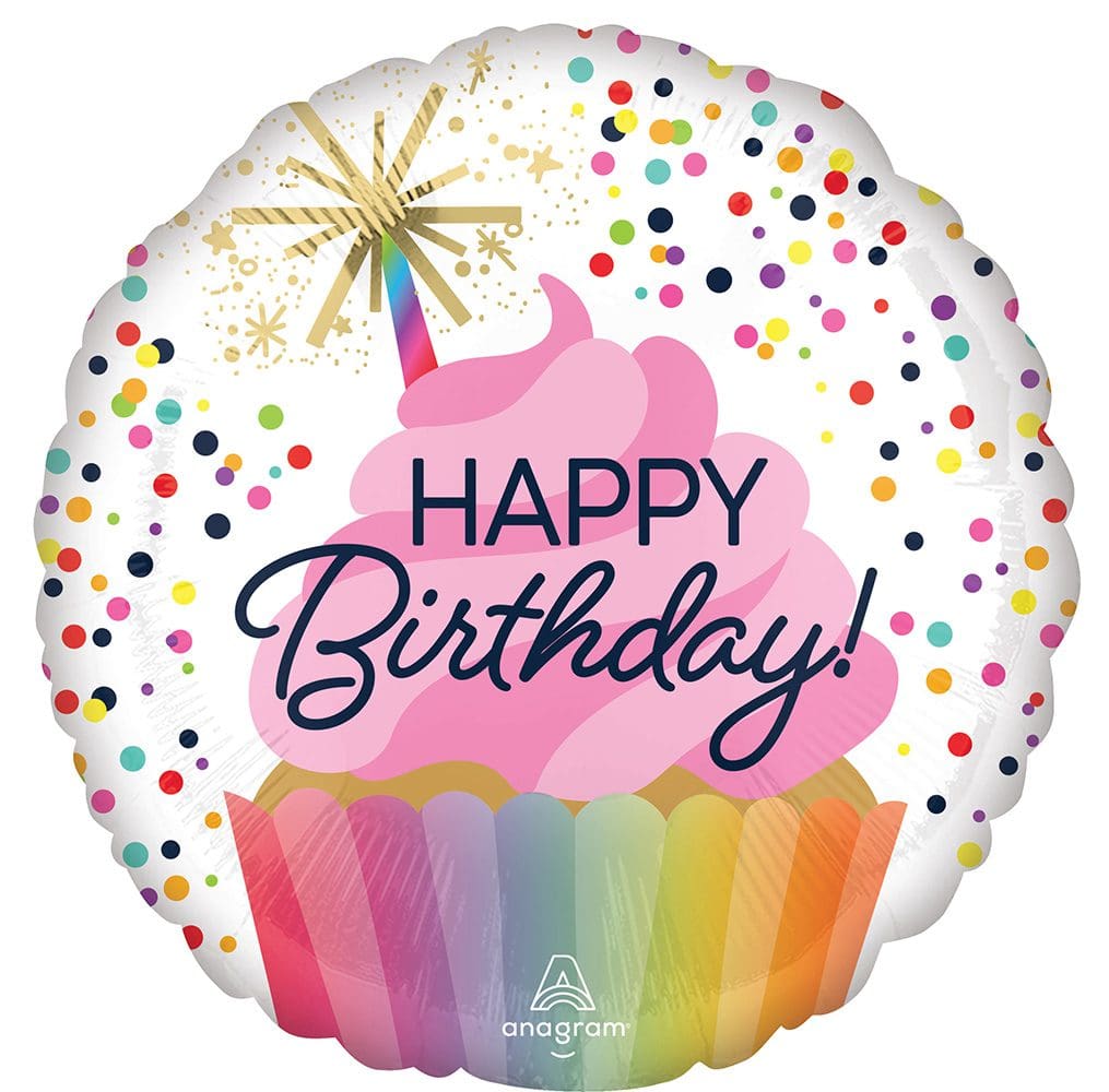 Colorful "Happy Birthday" balloon with confetti design.