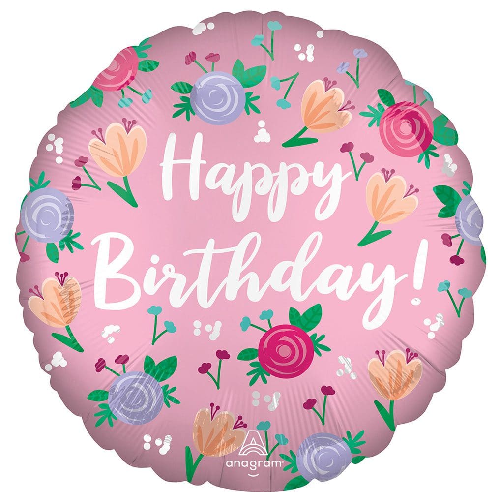 Pink floral balloon with 'Happy Birthday!' text.