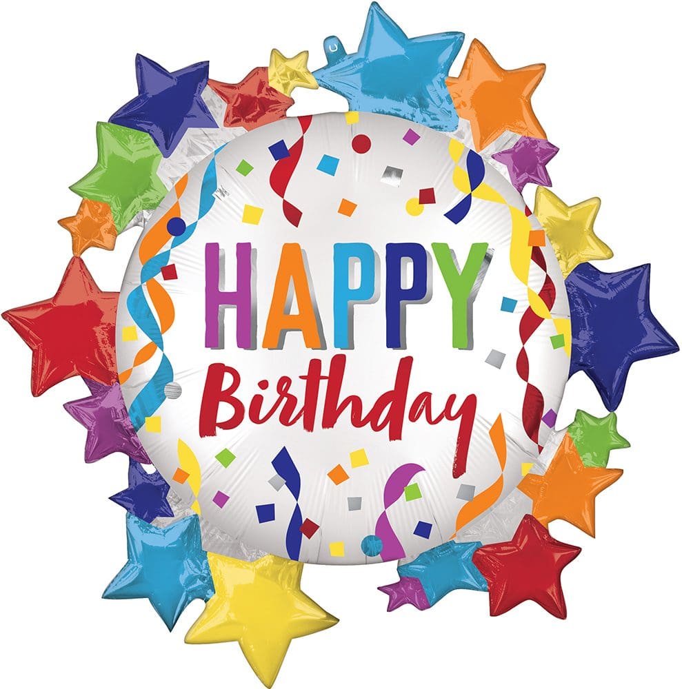 Colorful Happy Birthday balloon with stars and confetti.