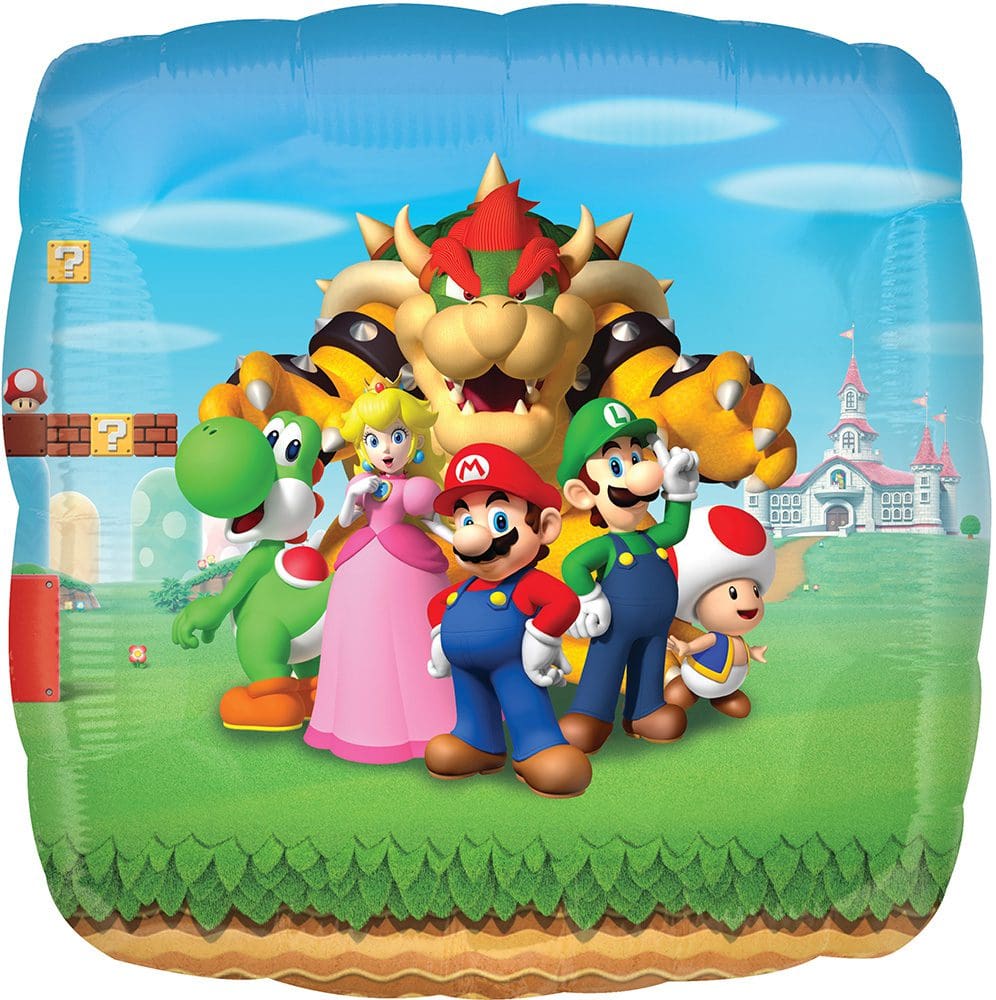 Mario and friends in a colorful video game scene.