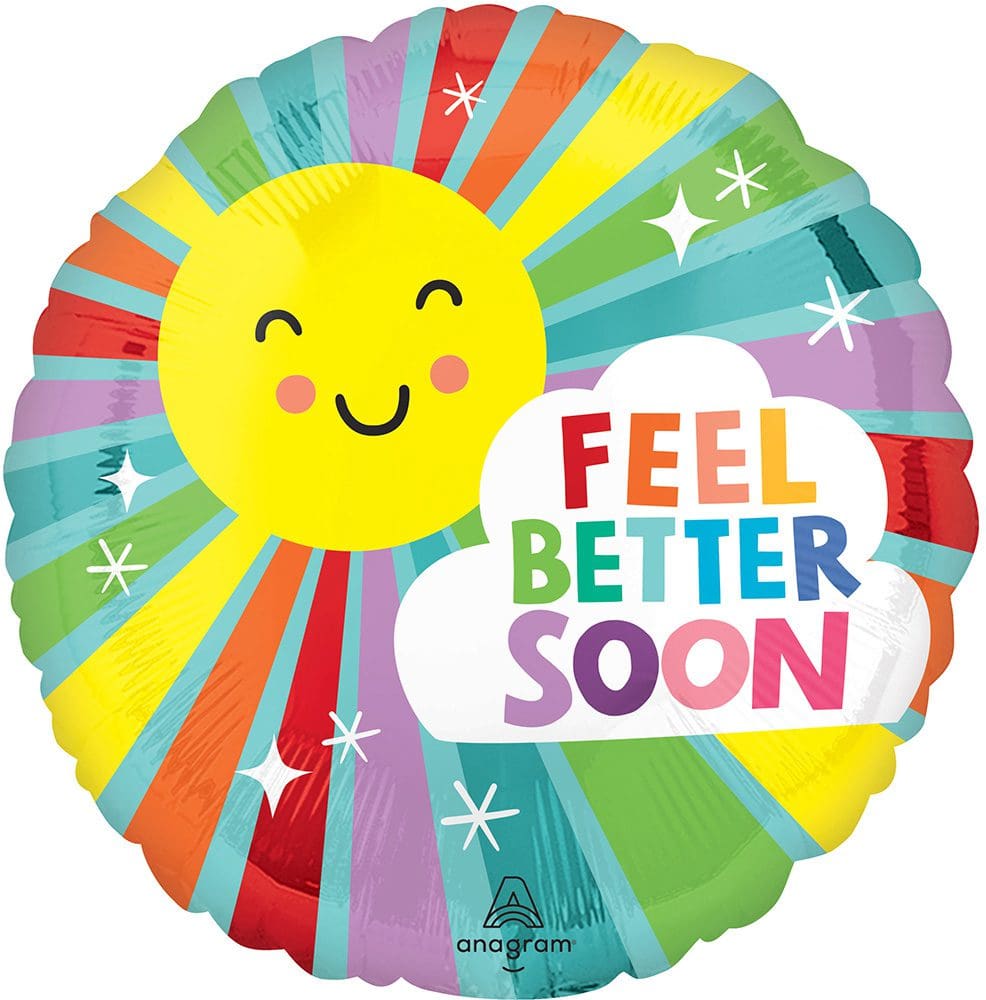 A colorful balloon with a smiling sun and 'Feel Better Soon' message.