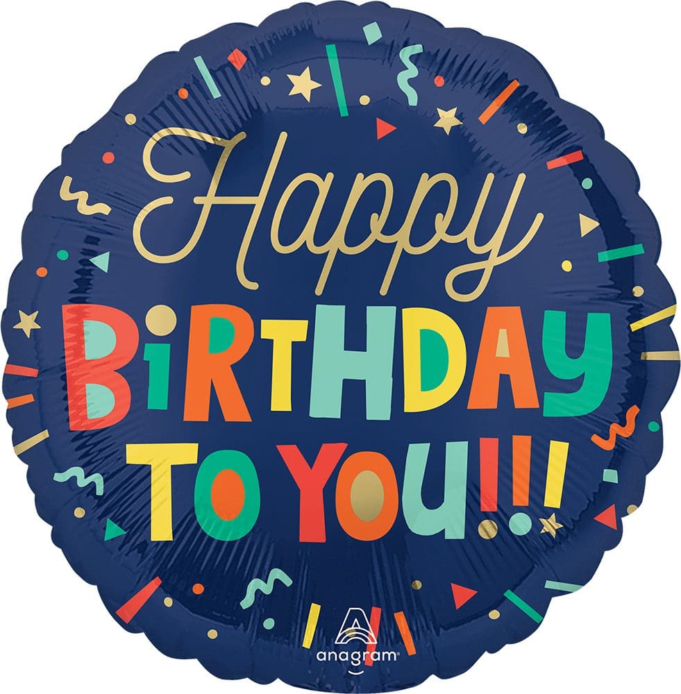 Colorful birthday balloon with festive text and confetti.