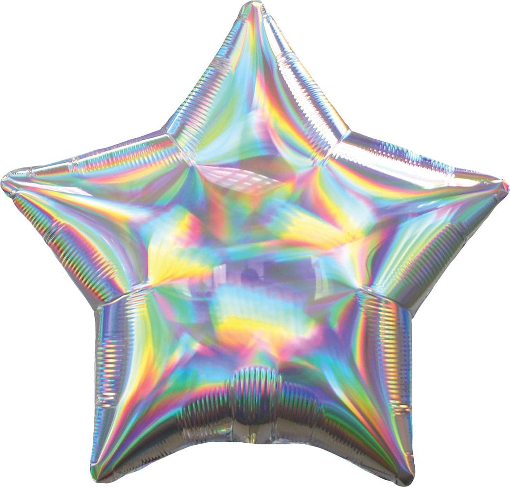Holographic silver star-shaped balloon with rainbow reflections.