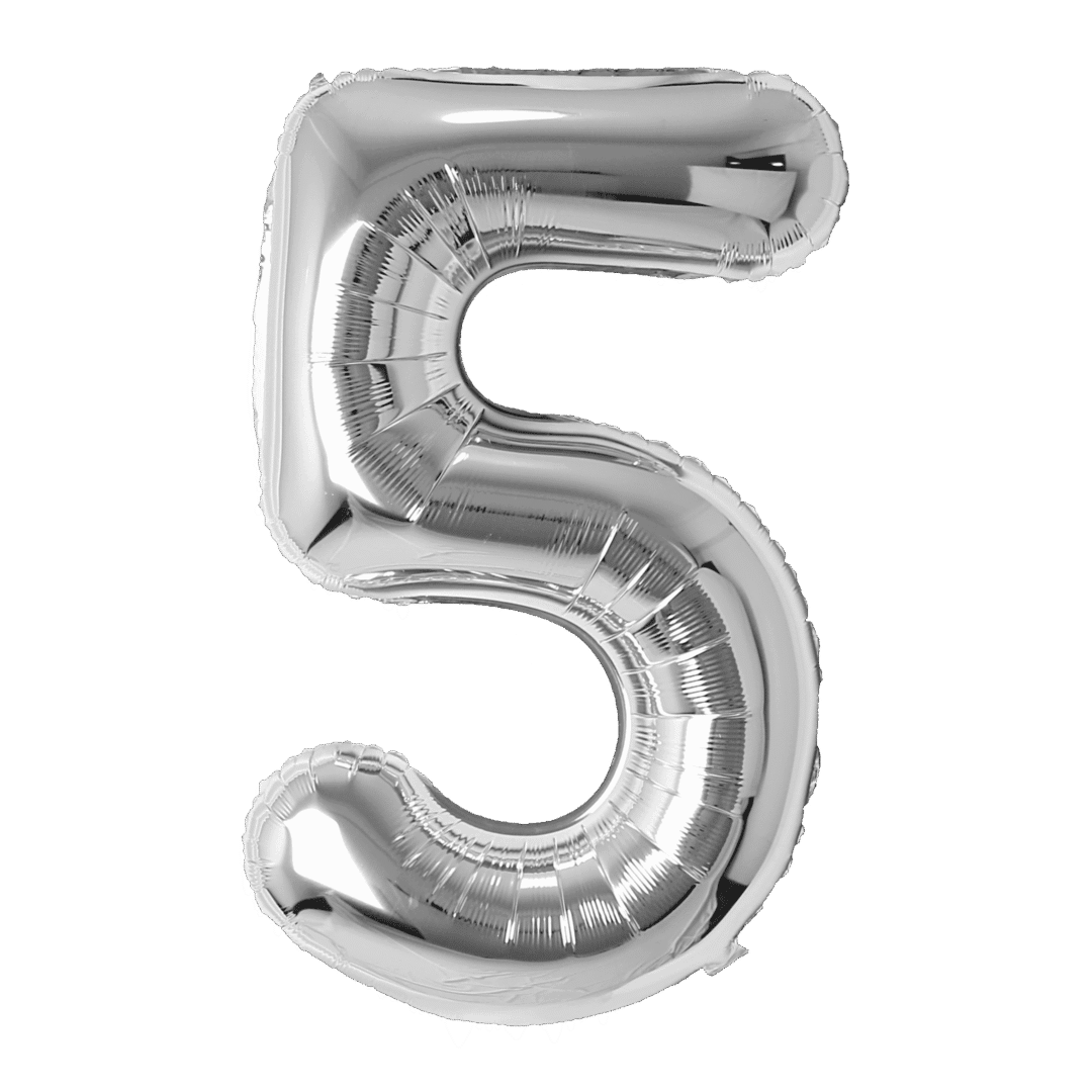 Silver balloon shaped like the number 5.