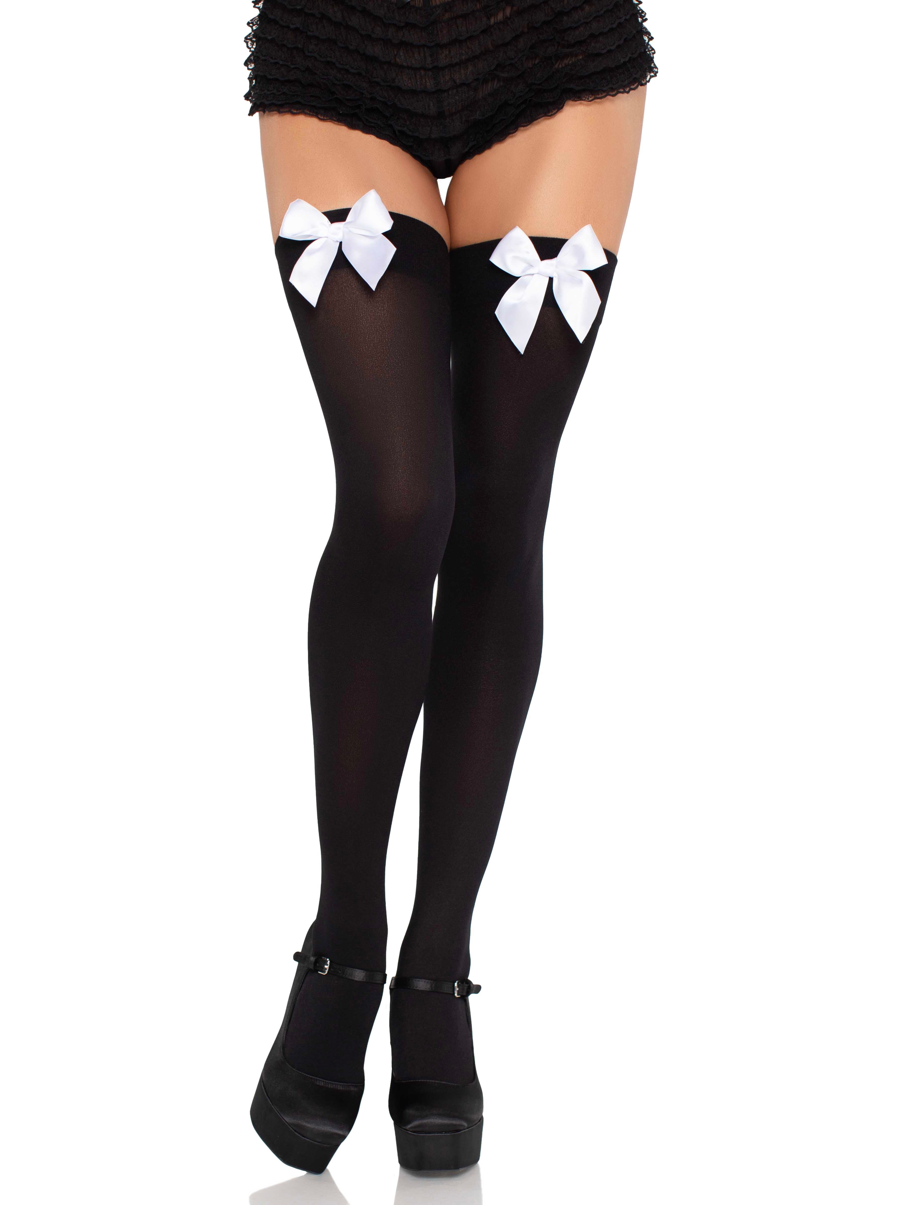 Leg Avenue™ Opaque Thigh Highs with Satin Bow Accent — BLK/WHITE