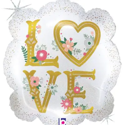 A decorative balloon spelling 'LOVE' with floral accents and a heart shape.