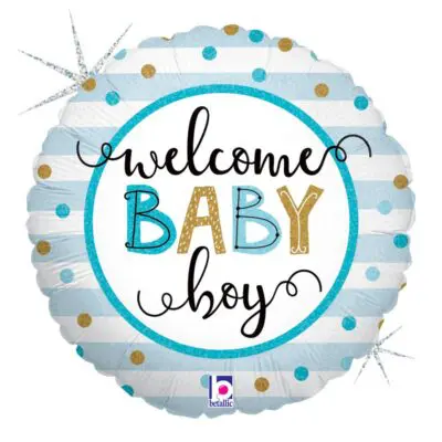 A festive balloon saying 'Welcome Baby Boy' with blue and gold accents.