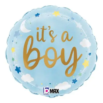 Blue balloon with 'It's a Boy' text and starry cloud design.