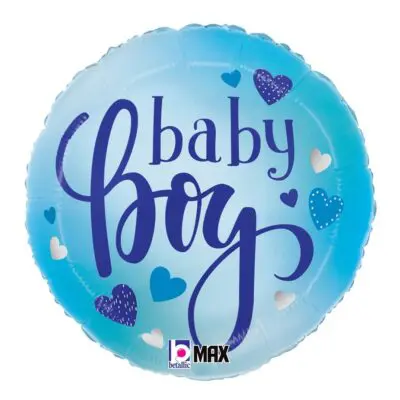 Blue balloon with 'baby boy' text and hearts, celebrating a newborn.