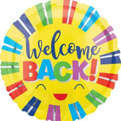 Colorful balloon with 'Welcome Back!' message and smiley face.