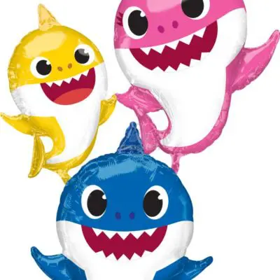 Three colorful inflatable shark toys with big smiles and wide eyes.
