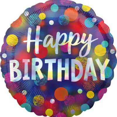 Colorful balloon with 'Happy Birthday' text and vibrant polka dots.
