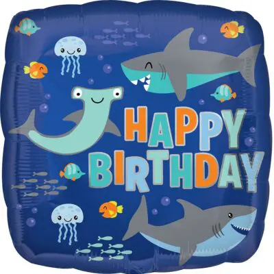 Colorful underwater-themed happy birthday balloon with sea creatures.