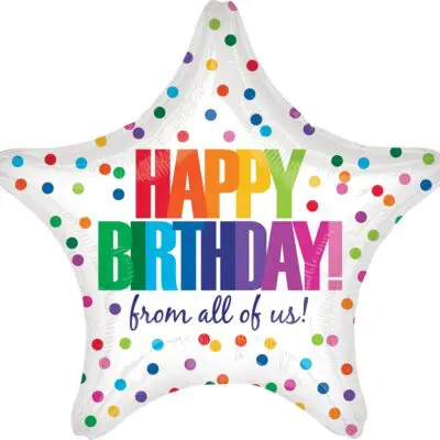 Star-shaped balloon with colorful 'Happy Birthday' text and polka dots.