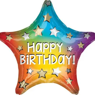 Colorful star-shaped balloon with 'Happy Birthday!' text and stars.