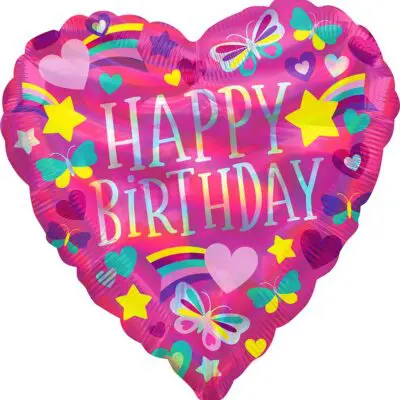 Heart-shaped balloon with colorful Happy Birthday message and decorations.