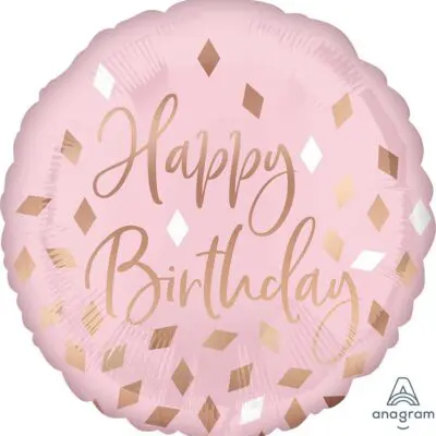 Pink balloon with gold 'Happy Birthday' text and diamond patterns.
