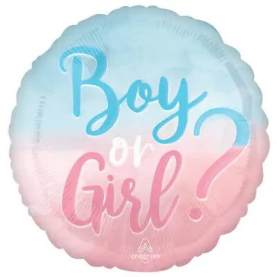 Balloon with 'Boy or Girl?' in blue and pink colors.