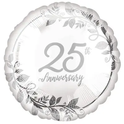 Silver balloon celebrating a 25th anniversary with leaf decoration.