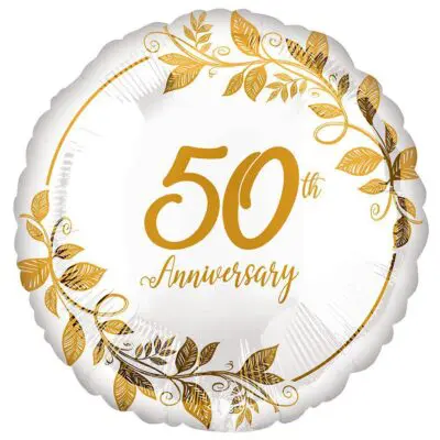 A gold and white 50th anniversary balloon with leaf decorations.