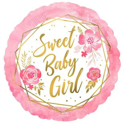 Sweet Baby Girl text with pink floral design and gold accents.