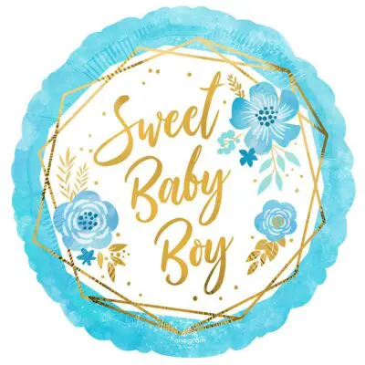 A blue floral baby shower sticker reading 'Sweet Baby Boy'.
