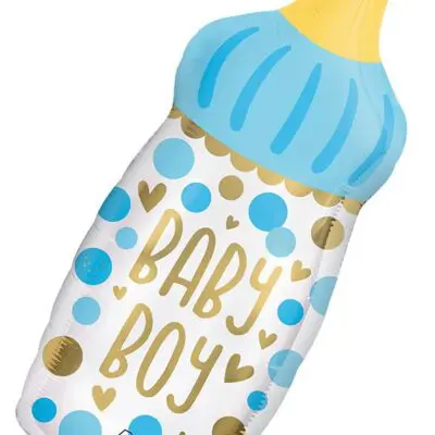 Illustration of a baby bottle labeled 'Baby Boy' with blue and gold decorations.