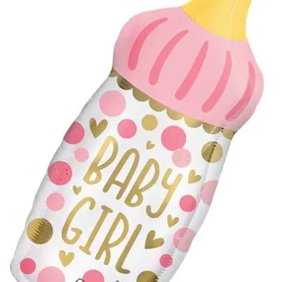 A pink baby bottle labeled 'Baby Girl' with hearts and dots.