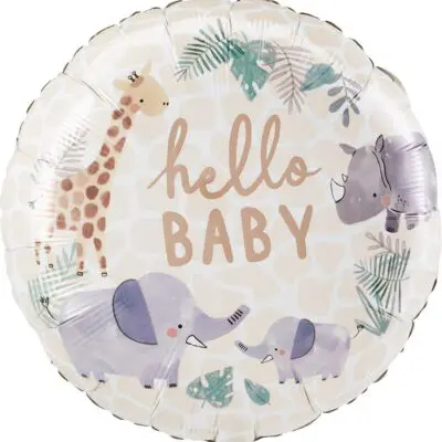 A round baby shower balloon with jungle animals and 'hello BABY' text.