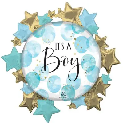 A blue and gold star-themed balloon with "It's a Boy" text.