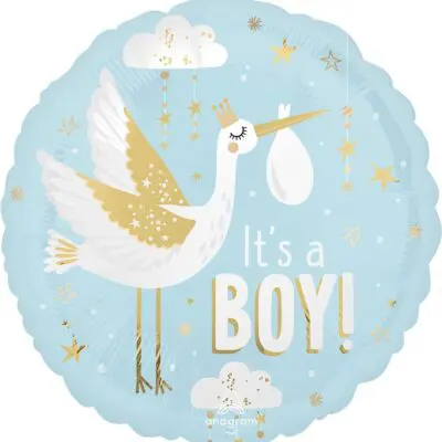 Blue balloon announcing the arrival of a baby boy with a stork.